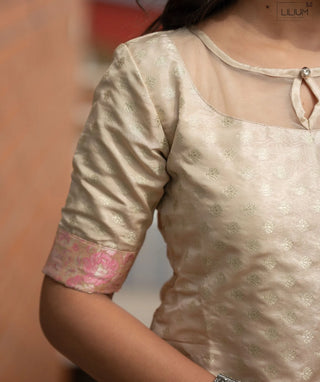 Champagne Blush Pearl Banaras Silk Festive Wear Kurti