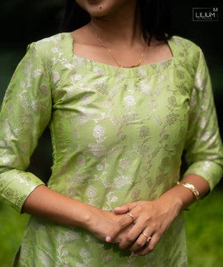 Green Harmony Banaras Kurti With Open Slit 3/4 Sleeve