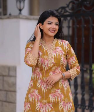 Golden Petal Ochre Cotton Co-Ord Set for Women