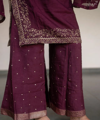 Royal Mulberry Wine Tussar Slub Silk 3 Piece Festive Set