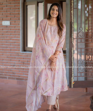 Pastel Pink Tussar Silk 3-Piece Traditional Set with Embroidery