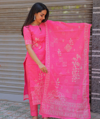 Rose Pink Cotton 3-Piece Kurti Set with Pockets & Comfort Fit