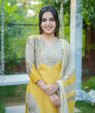 Yellow Blossom Muslin Silk 3-Piece Set with Embroidery