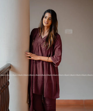 Elegant Wine Embroidered Festive 3-Piece Set with Shawl