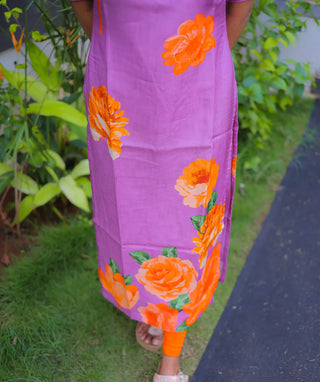 Lavender Muslin Kurti with Orange Corolla Print