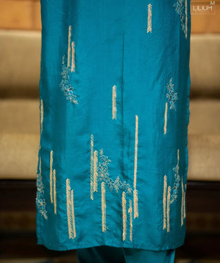 Persian Teal Pure Muslin 3-Piece Set with Zari Work