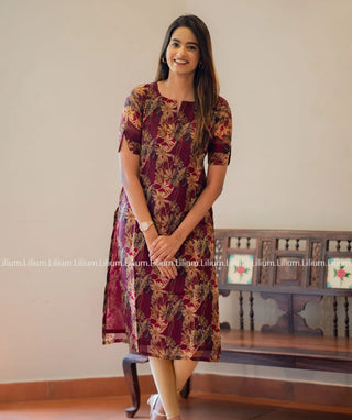 Maroon Blossom Kurti with Handcrafted Embroidery - Knee Length