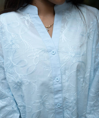 Ice Blue Blossom Cotton Embroidered Short Top