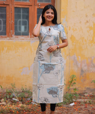 Misty Blue Slate Cotton Kurti with Elbow Sleeves