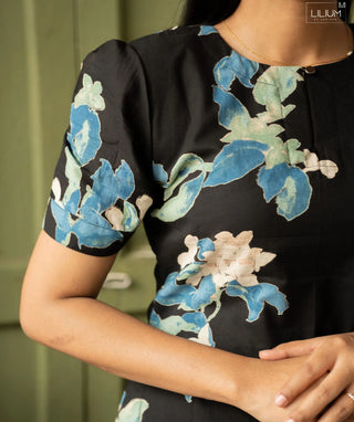 Midnight Bloom Noir Cotton Kurti with Elbow Sleeves