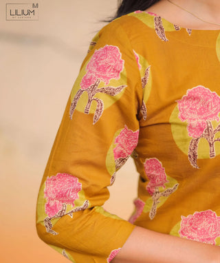 Golden Marigold Mustard Cotton Kurti | 3/4 Sleeve