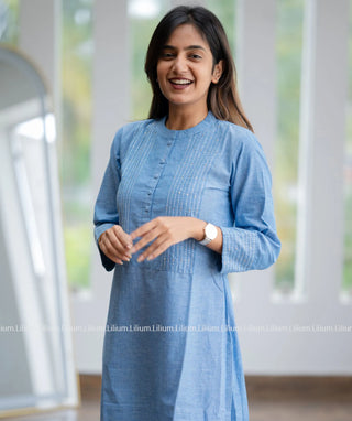 Denim Blue Linen Cotton Knee-Length Casual Kurti