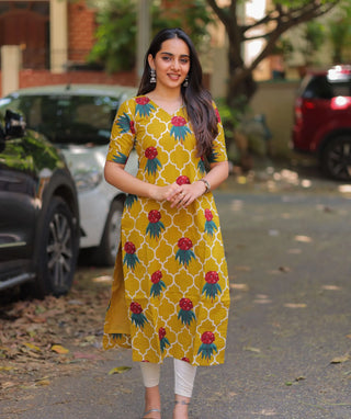 Marigold Mosaic Cotton Kurti with Elbow Sleeves – Everyday Comfort