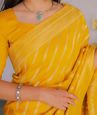 Traditional golden Banarasi saree with rich weave
