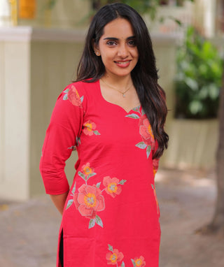 Hibiscus Flame Cotton Kurti with 3/4 Sleeves