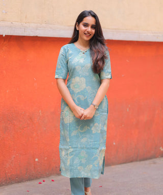 Aqua Sage Bloom Rayon Co-ord Set with Pockets & Elbow Sleeves