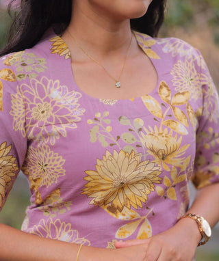 Lilac Golden Mist Cotton Kurti with Elbow Sleeves
