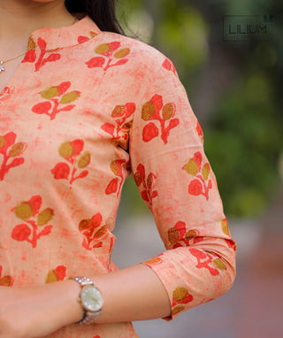 Mandarin Orange Floral Handblock Cotton Short Top