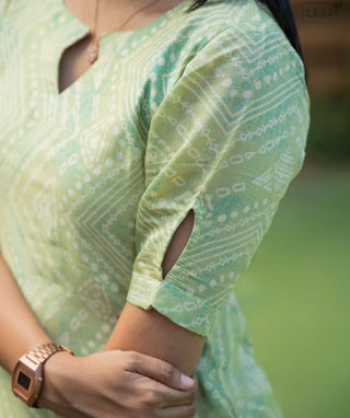 Lime Green Abstract A-Line Kurti in Rayon Cotton