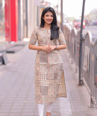 Moonstone Mosaic Handblock Cotton Kurti – Everyday Elegance