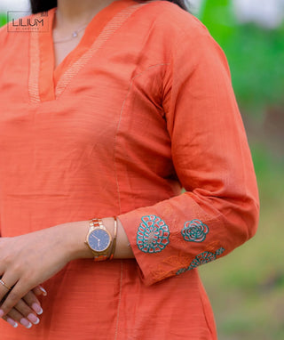 Elegant Orange Embroidered Kurti with Bottom - Festive Wear