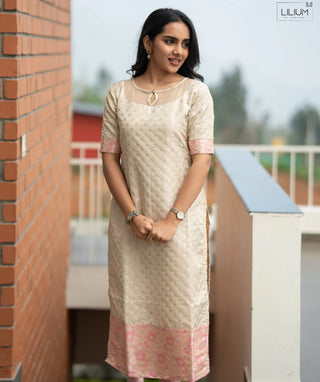 Champagne Blush Pearl Banaras Silk Festive Wear Kurti