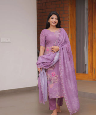 Dusty Mauve Orchid Hand Embroidered Muslin 3 Piece Set