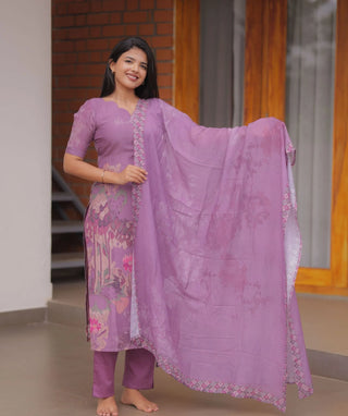 Dusty Mauve Orchid Hand Embroidered Muslin 3 Piece Set