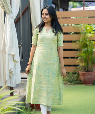 Lime Green Abstract A-Line Kurti in Rayon Cotton