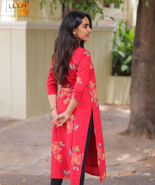 Hibiscus Flame Cotton Kurti with 3/4 Sleeves