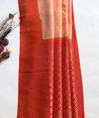 Peach Coral Banaras Saree with Zari Work – Festive Wear