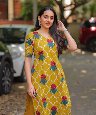 Marigold Mosaic Cotton Kurti with Elbow Sleeves – Everyday Comfort