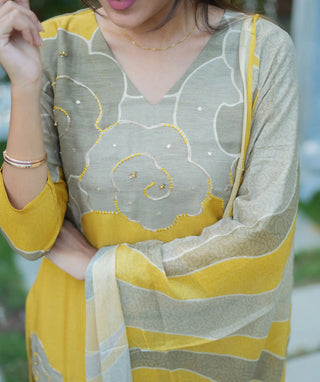 Yellow Blossom Muslin Silk 3-Piece Set with Embroidery