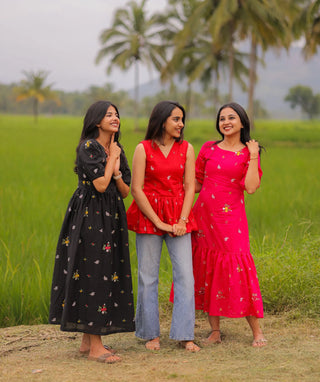 Rosé Pink Embroidered Blossom Maxi Dress in Mul Cotton