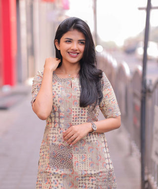 Moonstone Mosaic Handblock Cotton Kurti – Everyday Elegance