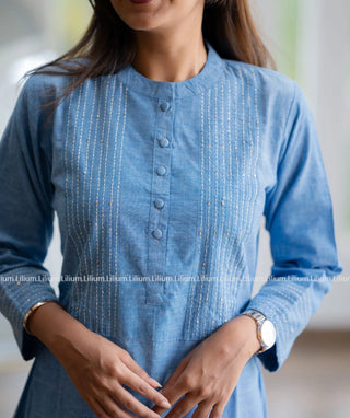 Denim Blue Linen Cotton Knee-Length Casual Kurti