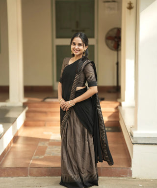 Ash Brown Handloom Narayanpet Cotton Half Saree Set