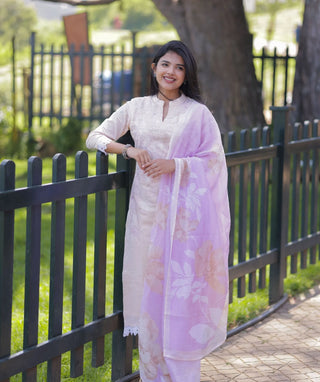 Ivory Blush Embroidered Cotton 3 Piece Festive Suit Set