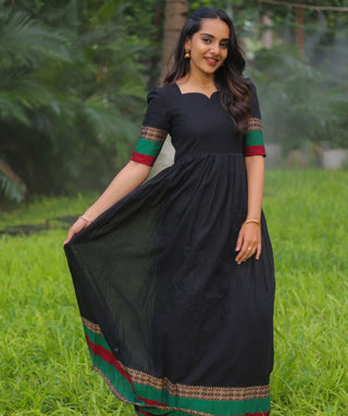 Midnight Noir Cotton Handloom Maxi with Temple Zari Border