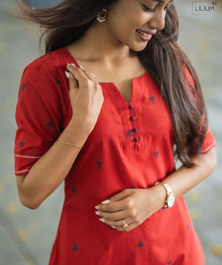 Garnet Red Cotton Handloom Coord Dress - Casual Wear