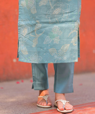Aqua Sage Bloom Rayon Co-ord Set with Pockets & Elbow Sleeves