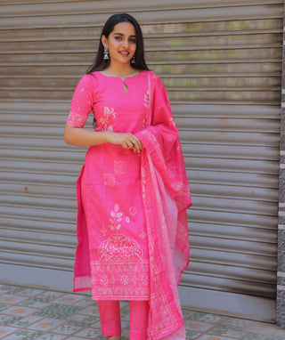 Rose Pink Cotton 3-Piece Kurti Set with Pockets & Comfort Fit