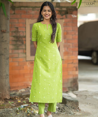 Lime Parrot Green Handloom Cotton Co-ords with Pockets