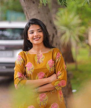 Golden Marigold Mustard Cotton Kurti | 3/4 Sleeve