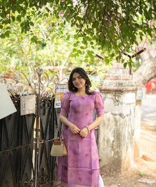 Orchid Purple Organza Kurti with Puff Sleeves
