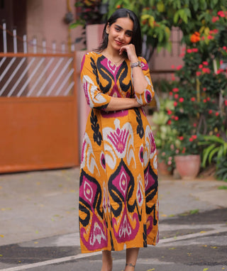 Amber Ikat Cotton A-Line Kurti with 3/4 Sleeves