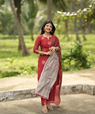Kumkum Silk Muslin 3-Piece Casual Set with Slit