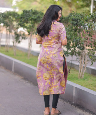 Lilac Golden Mist Cotton Kurti with Elbow Sleeves