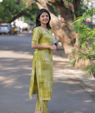Lime Green Chanderi Co-ord Set with Pockets– Casual Chic