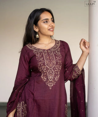 Royal Mulberry Wine Tussar Slub Silk 3 Piece Festive Set